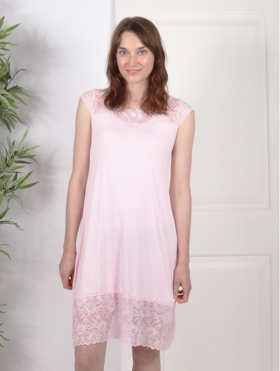 Sleeved Cotton Feel Night Dress W/ Lace detailing 
